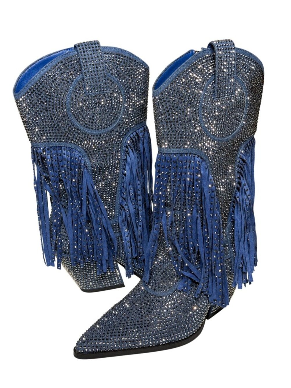 Azalea Wang Greia Rhinestone Fringe Western Boots Womens 6 Blue Cowboy